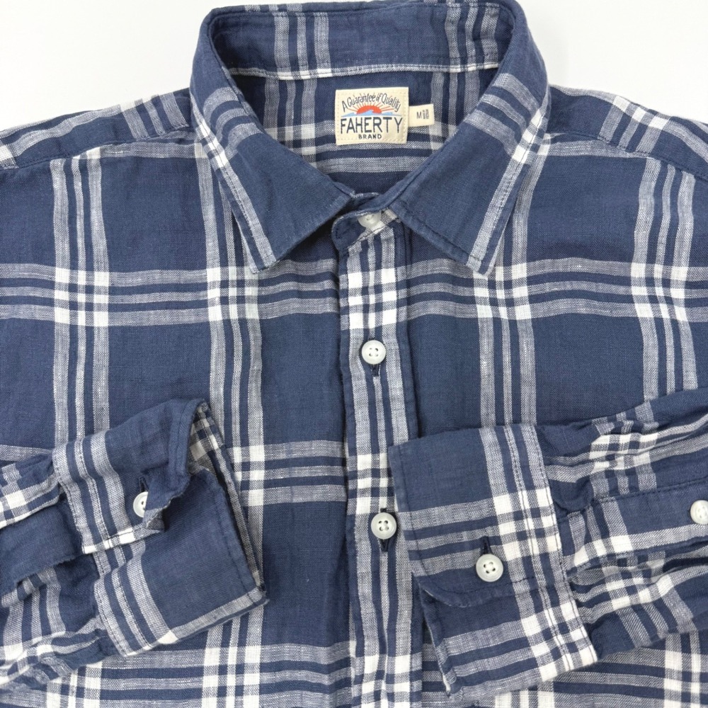 Faherty Brand Mens Medium Blue White Plaid 100% Linen Button Down Shirt